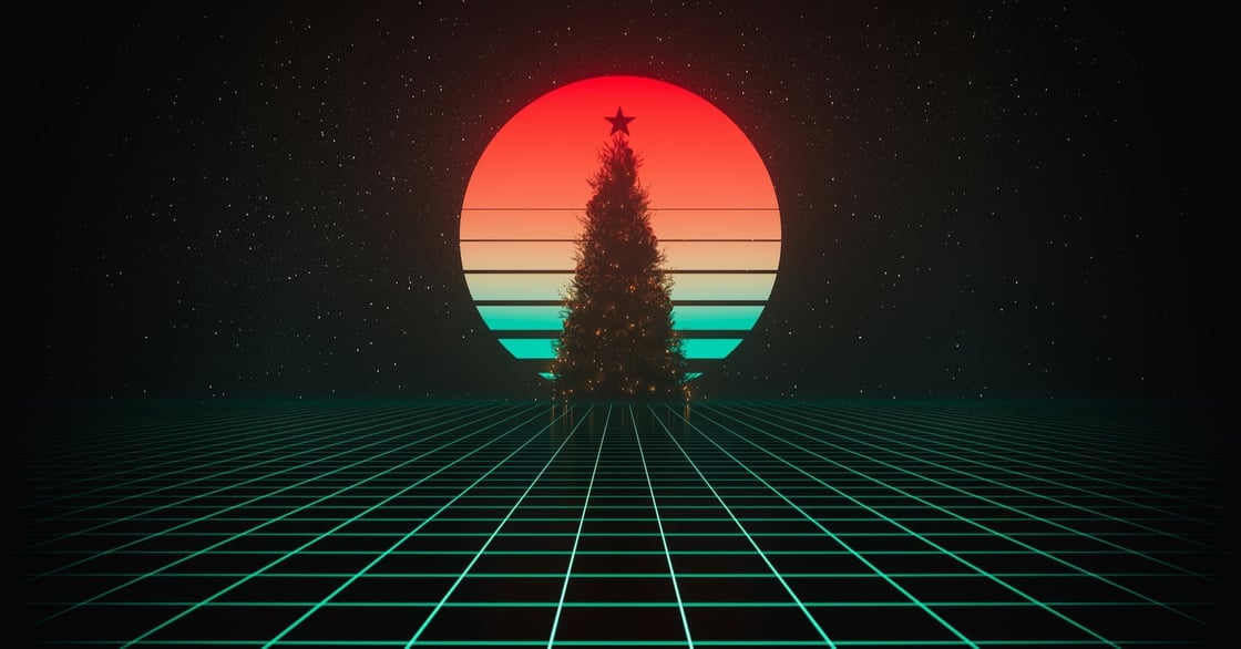 Mørkt billede med et teknologisk mønster af turkise firkanter. I midten er en oplyst cirkel med et juletræ.